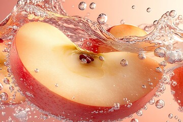 Aufkleber - Fresh Apple Slice in Water Splash with Droplets Close-Up : Generative AI