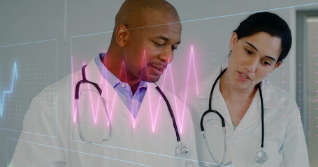 Poster - Image of cardiograph over diverse doctors holding clipboard