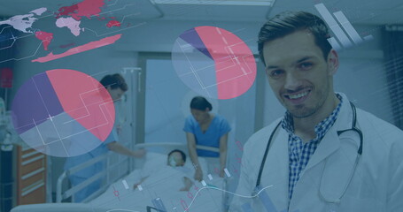 Poster - Image of data processing and diagrams over diverse doctors with patient in hospital