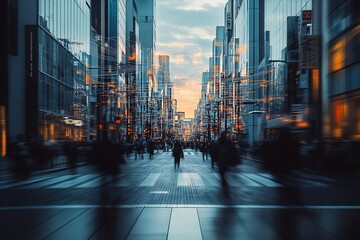 Aufkleber - Vibrant Urban Street Scene at Dusk with Illuminated Skyline and Pedestrian Silhouettes : Generative AI