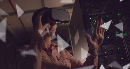 Poster - Image of connections over african american woman wearing vr headset by computer servers