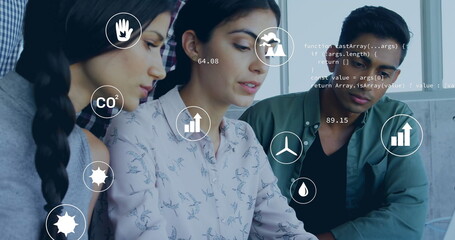 Poster - Image of eco icons and data processing over diverse business people in office