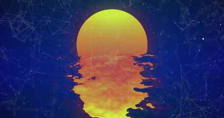Poster - Cryptocurrency symbols and network connections over animated sunset