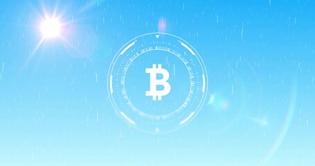 Poster - Bitcoin symbol with digital interface elements over blue sky background