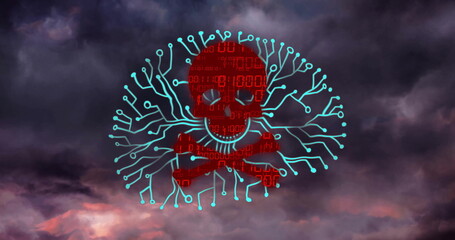 Poster - Red skull with binary code and circuit lines over stormy sky