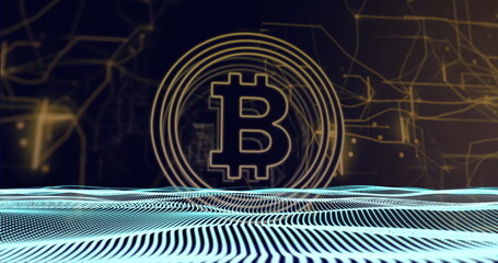 Poster - Bitcoin symbol over digital waves and network connections