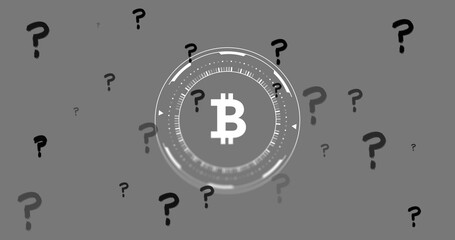 Poster - Bitcoin symbol surrounded by question marks, digital currency uncertainty concept