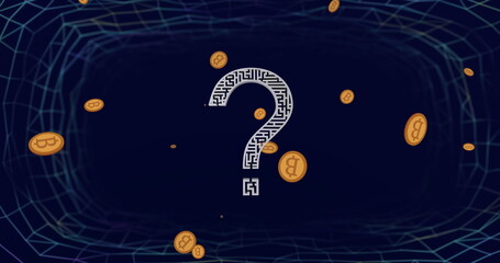 Poster - Question mark with maze pattern and bitcoins over dark blue digital network