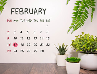 Wall Mural - A close-up of a wooden block calendar displaying the date February 17