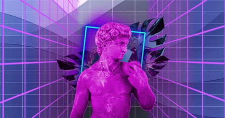 Poster - Green statue with grid lines and geometric shapes, futuristic image background
