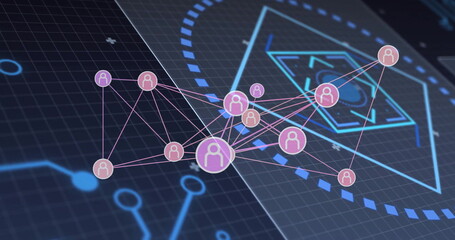 Leinwandbilder - image of network of connections over scope scanning on black background