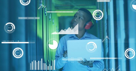 Poster - Image of financial data processing over african american businessman working in server room