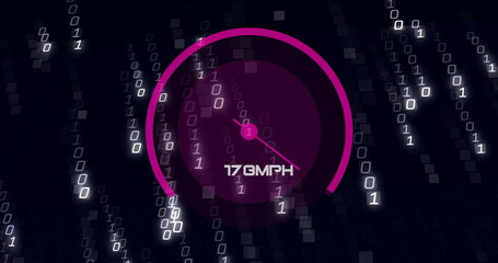 Poster - Image of speedometer over data processing on black background