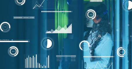Poster - Image of financial data processing over african american colleagues working in server room