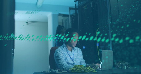 Poster - Image of financial data processing over african american colleagues working in server room