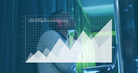 Poster - Image of data processing and diagram over biracial male worker in server room