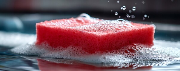 Wall Mural - Red sponge submerged in soapy water, bubbles, close-up. Cleaning concept