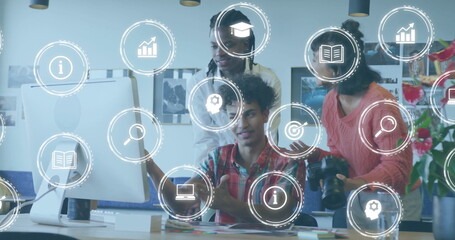 Poster - Image of business icons and data processing over diverse business people in office