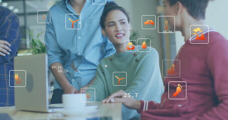 Poster - Image of eco icons and data processing over diverse business people in office
