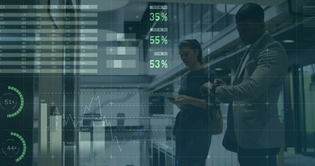 Poster - Image of financial data processing over diverse colleagues waiting for elevator in office
