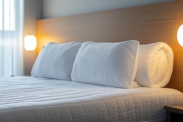 Aufkleber - Modern Minimalist Bedroom Interior with Perfectly Made Bed and Subtle Lighting : Generative AI
