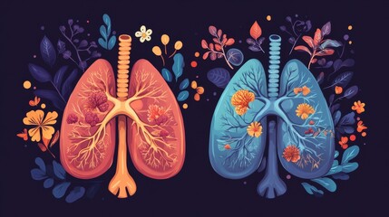 Poster - Lungs illustrated with vibrant colors and detailed floral patterns showing health and disease in a creative representation. Generative AI