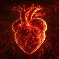 Poster - Detailed illustration of a human heart glowing against a dark background with intricate vascular structures visible. Generative AI