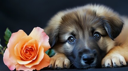 Canvas Print - Puppy resting beside a beautiful rose in a soft, cozy setting capturing an adorable moment of peace