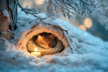 Poster - Cozy mouse resting in warm nest near glowing candle surrounded by snow and frost in a winter forest setting. Generative AI