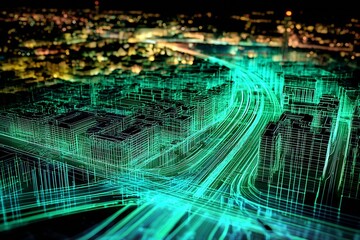 Aufkleber - HighTech Futuristic Cityscape with Neon Green Digital Architecture at Night : Generative AI