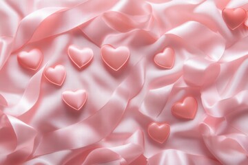 Poster - Romantic heart shaped decorations scattered on soft pink fabric create a dreamy atmosphere for celebrations and events. Generative AI
