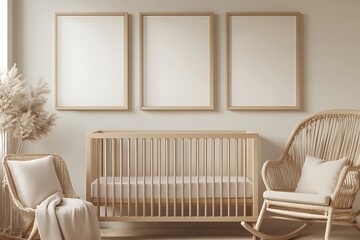 Poster - Stylish Minimalist Nursery with Wooden Crib and Modern Decor : Generative AI