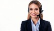 © Studio 100 - Beautiful business woman with headset. Call Center Operator. Over white background. Generated image
