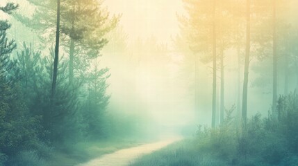 Poster - Misty forest trail winds through tall trees in a serene and tranquil woodland setting at dawn. Generative AI