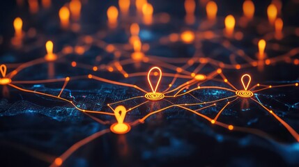 Leinwandbilder - Network map with glowing location pins, illustrating connectivity and global reach.