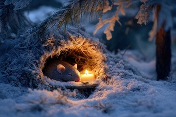 Poster - Winter evening in a snowy forest with a mouse resting by a candlelight. Generative AI