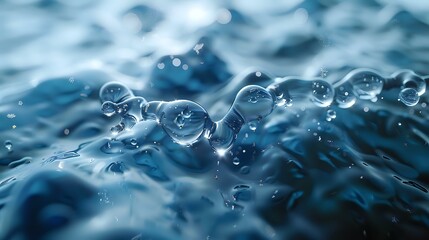Poster - Macro photography of transparent water drops with beautiful bokeh effect on blue background, perfect for environmental or pure water advertising concepts.