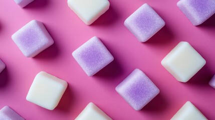 Poster - Pastel purple and white sugar cubes arranged in diagonal pattern on pink background.