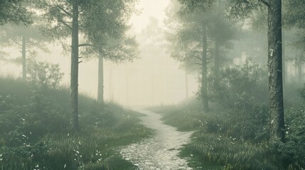 Poster - Winding forest trail through tall trees surrounded by mist showcasing serene nature at dawn. Generative AI