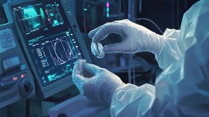 Aufkleber - Medical professional examines a device using high tech monitoring equipment during an operation in a surgical room. Generative AI