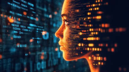 Poster - Woman's profile merges with digital code, symbolizing AI and technology.