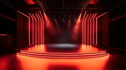 Poster - Empty stage with red neon lights and spotlights, perfect for concerts or performances.