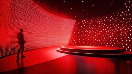 Poster - Man silhouetted in red-lit modern stage setting with LED wall and circular podium.