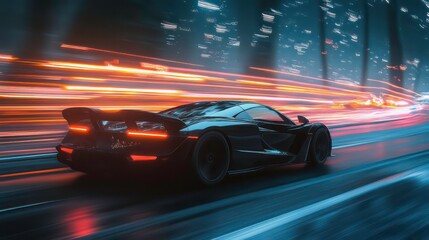 Poster - Sleek black sports car speeding through city at night, motion blur light trails.