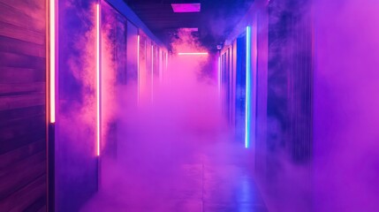 Poster - Mysterious neon-lit corridor filled with fog, creating an atmospheric and futuristic scene.