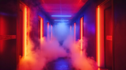 Poster - Neon-lit hallway with fog, red and blue lights, doors on both sides.