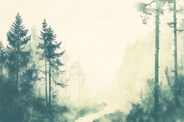 Leinwandbilder - Winding forest trail leads through tall trees in a misty landscape at dawn. Generative AI