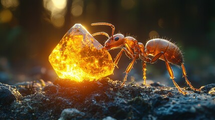 Wall Mural -   A close-up of a fire ant on a rock, with glass in its legs
