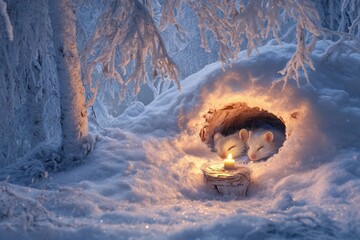 Poster - Two adorable white mice cuddling in a snowy forest near a glowing candle at night. Generative AI