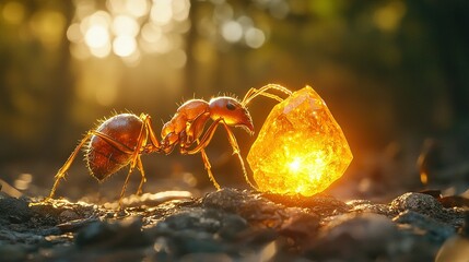 Wall Mural -   A cluster of ants perched atop a mound of dirt adjacent to a sunny glass fragment resting atop a stack of stones